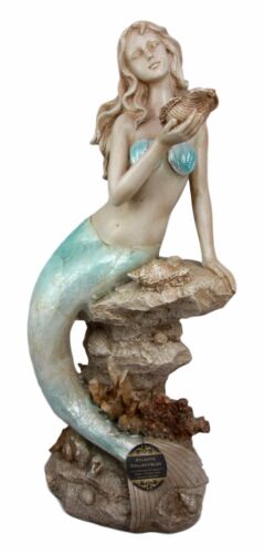 Ebros Gift Large Aquamarine Pretty Goddess Mermaid Listening To Ocean Sconce Figurine 17"H