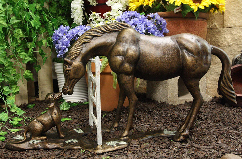 Ebros Gift Fine Aluminum Metal Large Countryside BFF Buddies Horse and Dog by Barn Fence Garden Statue 25.75" Long Friendship Stallion Horses Dogs Animal Farm Western Rustic Country Decor Sculpture