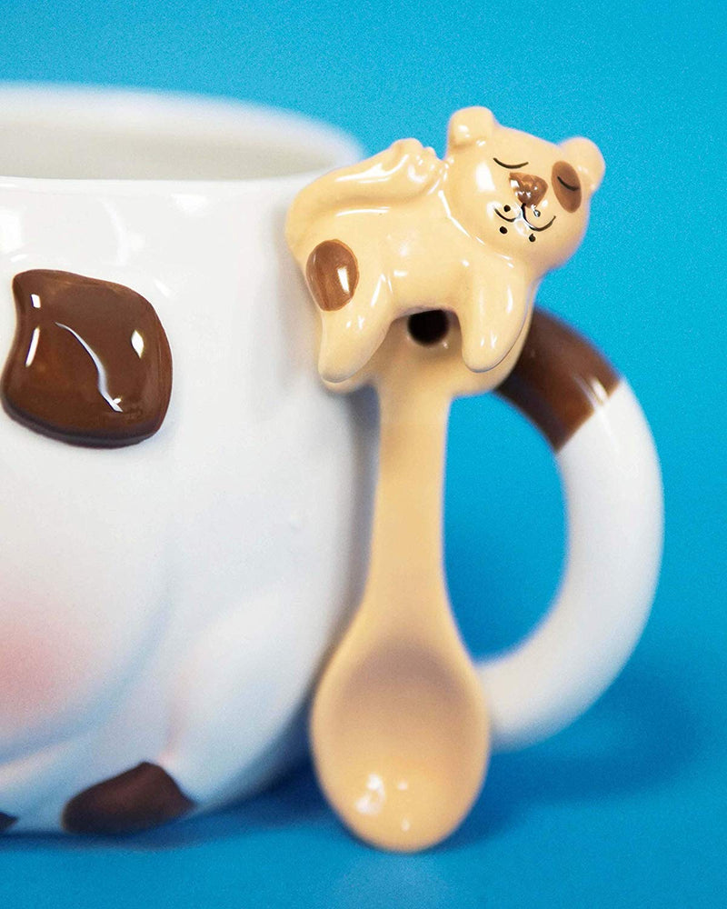 Ebros White And Chocolate Dog Ceramic Coffee Mug With Puppy Latch On Spoon Set - Ebros Gift