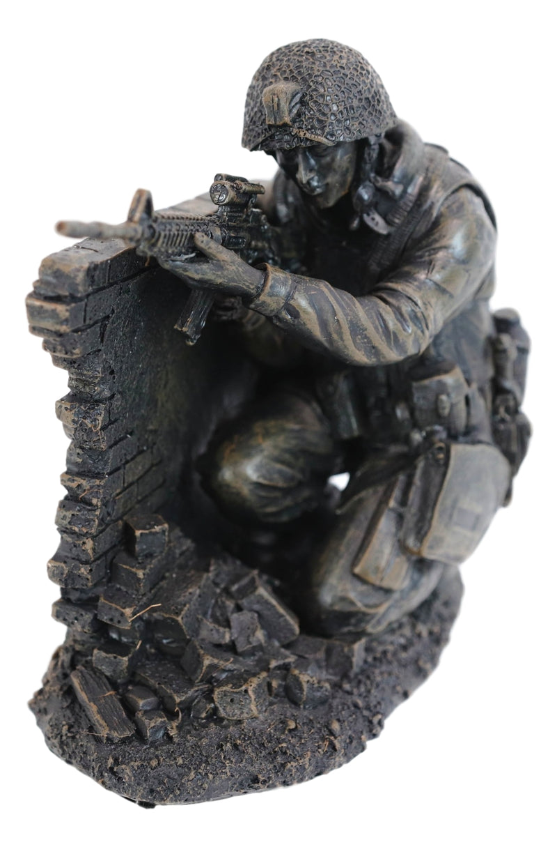War Battlefield Kneeling Soldier Taking Cover With Rifle Gun And Gears Statue