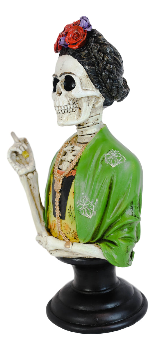 Mexican Painter Smoking Lady Frieda Skeleton Portrait Bust Day Of Dead Statue