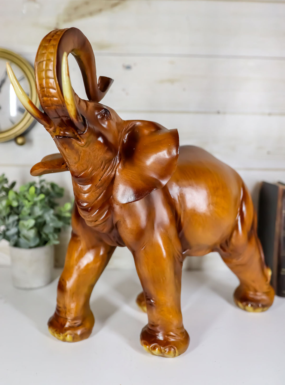 Ebros Faux Mahogany Wood Thai Buddha Elephant With Trunk Up Statue 14.25"Long - Ebros Gift