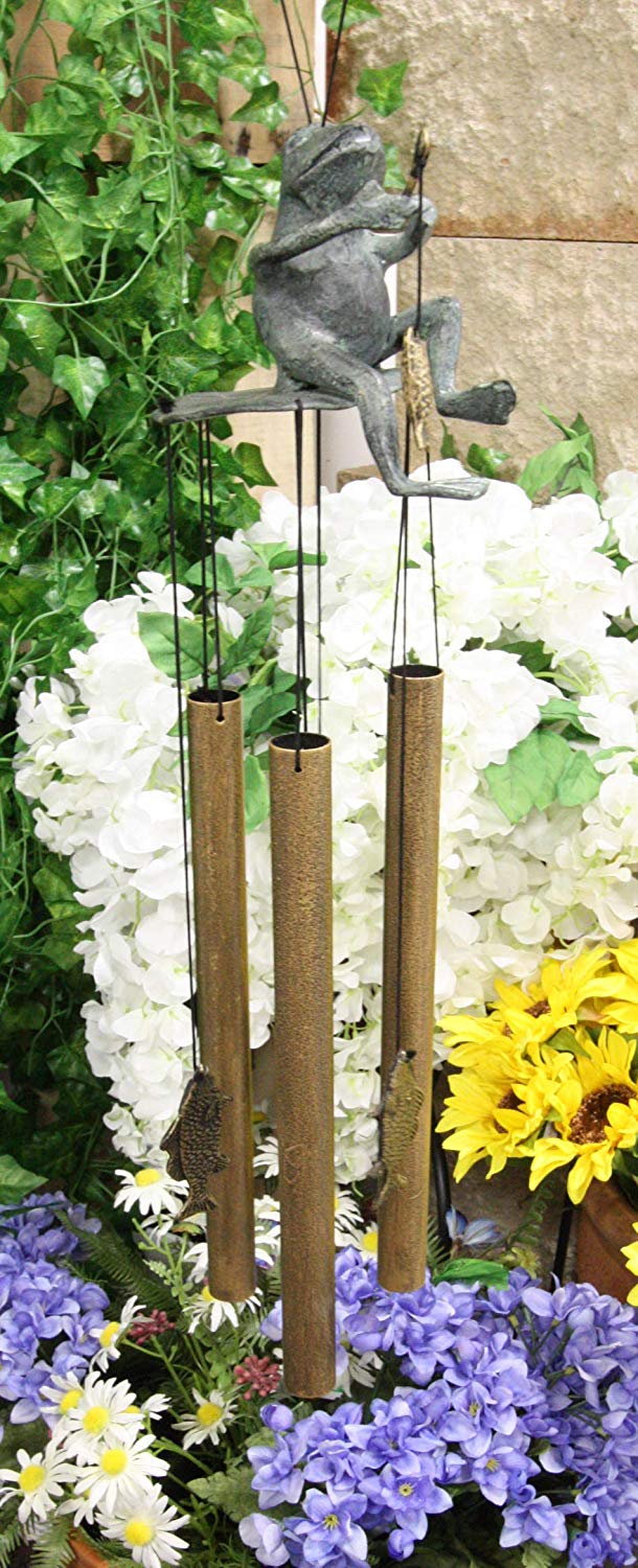 Ebros Gift Aluminum Whimsical Summer Pastime Green Frog Fishing in The Pond Resonant Tube Wind Chime Sculpture 22" Tall Outdoors Garden Lawn Patio Home Pool Deck Accent Decor