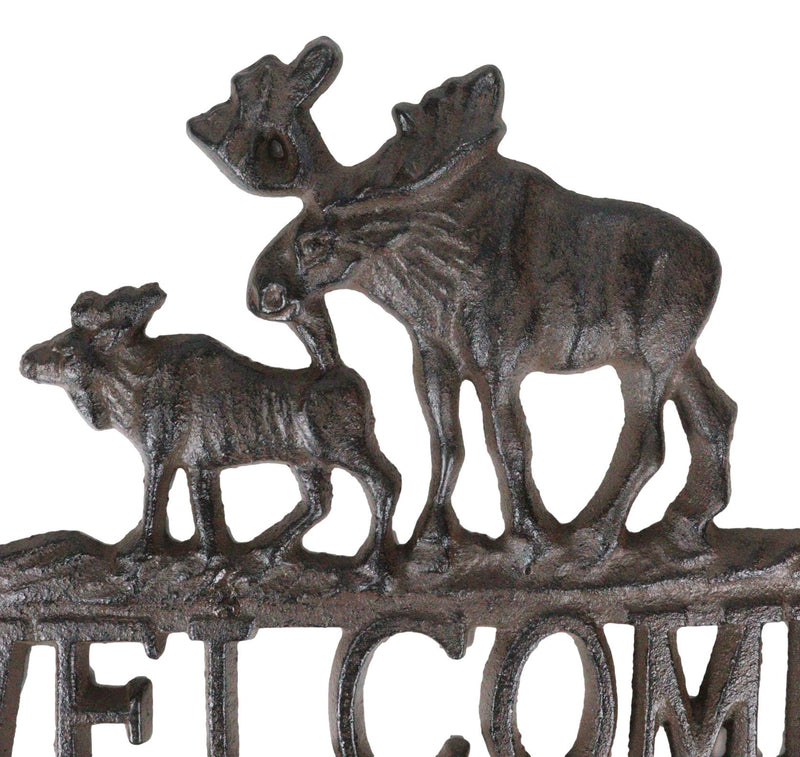 Cast Iron Rustic Forest Elk Moose With Calf Floral Wall Welcome Sign Cutout