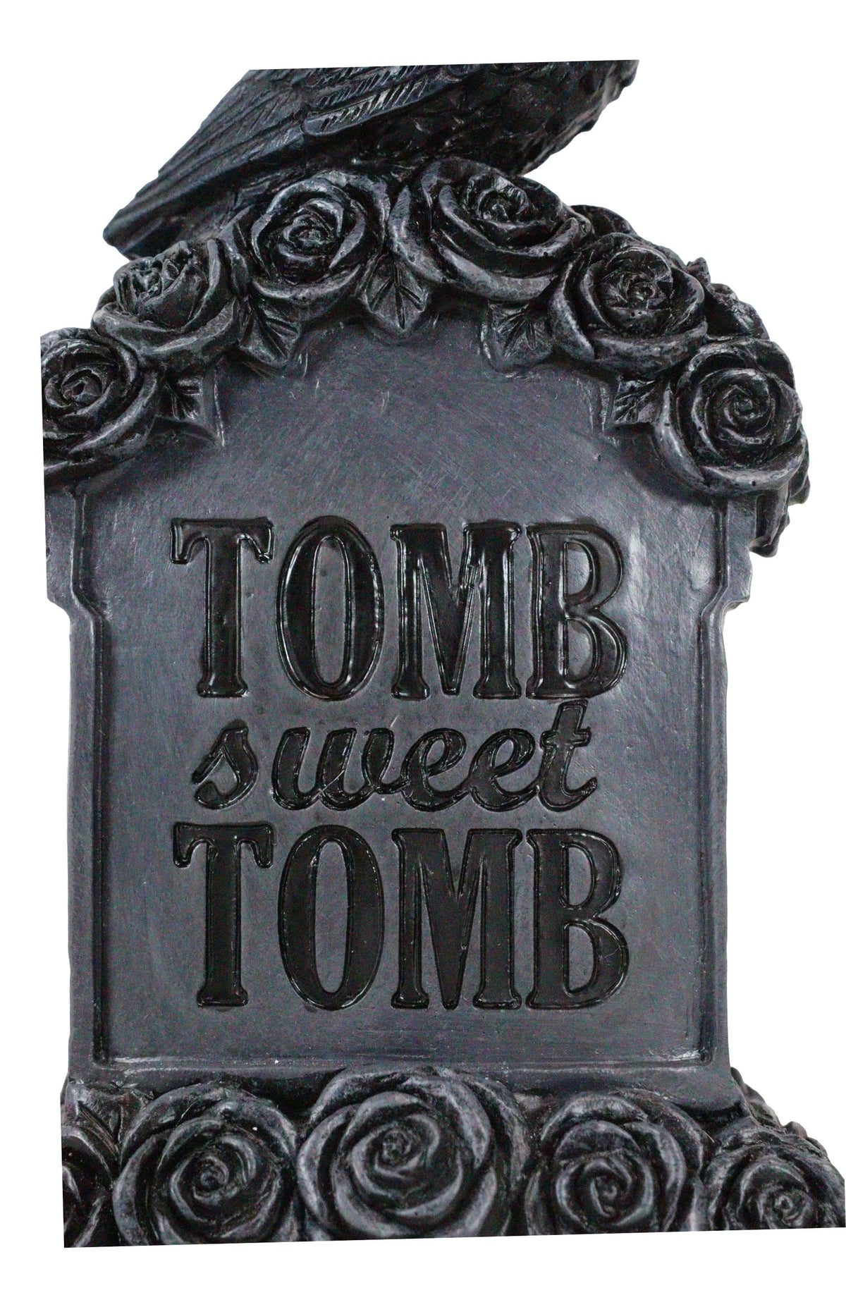 Gothic Raven Crow Perching On Black Roses Graveyard Tomb Headstone Figurine
