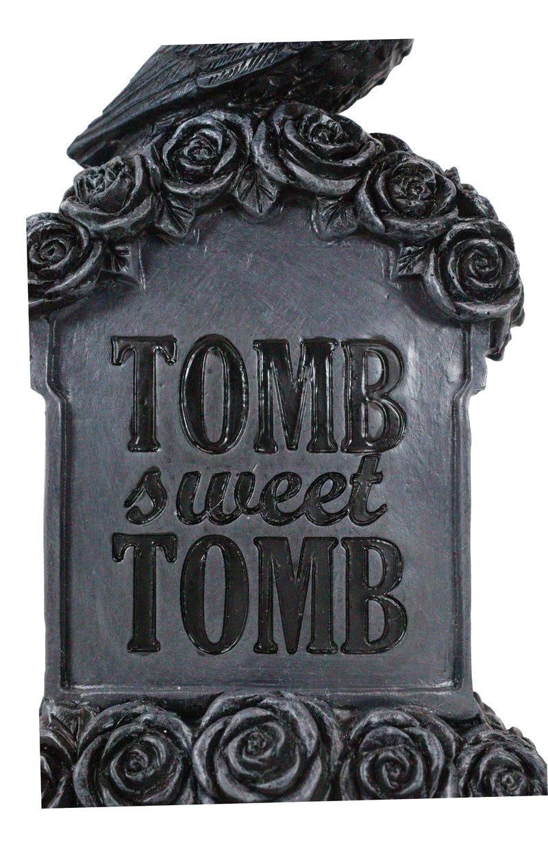 Gothic Raven Crow Perching On Black Roses Graveyard Tomb Headstone Figurine
