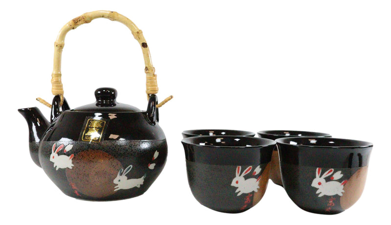 Ebros Auspicious Hare Rabbits Jumping Over Red Moon Ceramic Tea Set Teapot And 4 Cups