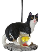 Ebros Tuxedo Black Kitty Cat with Fish Bowl Resonant Wind Chime 18.5"H Garden