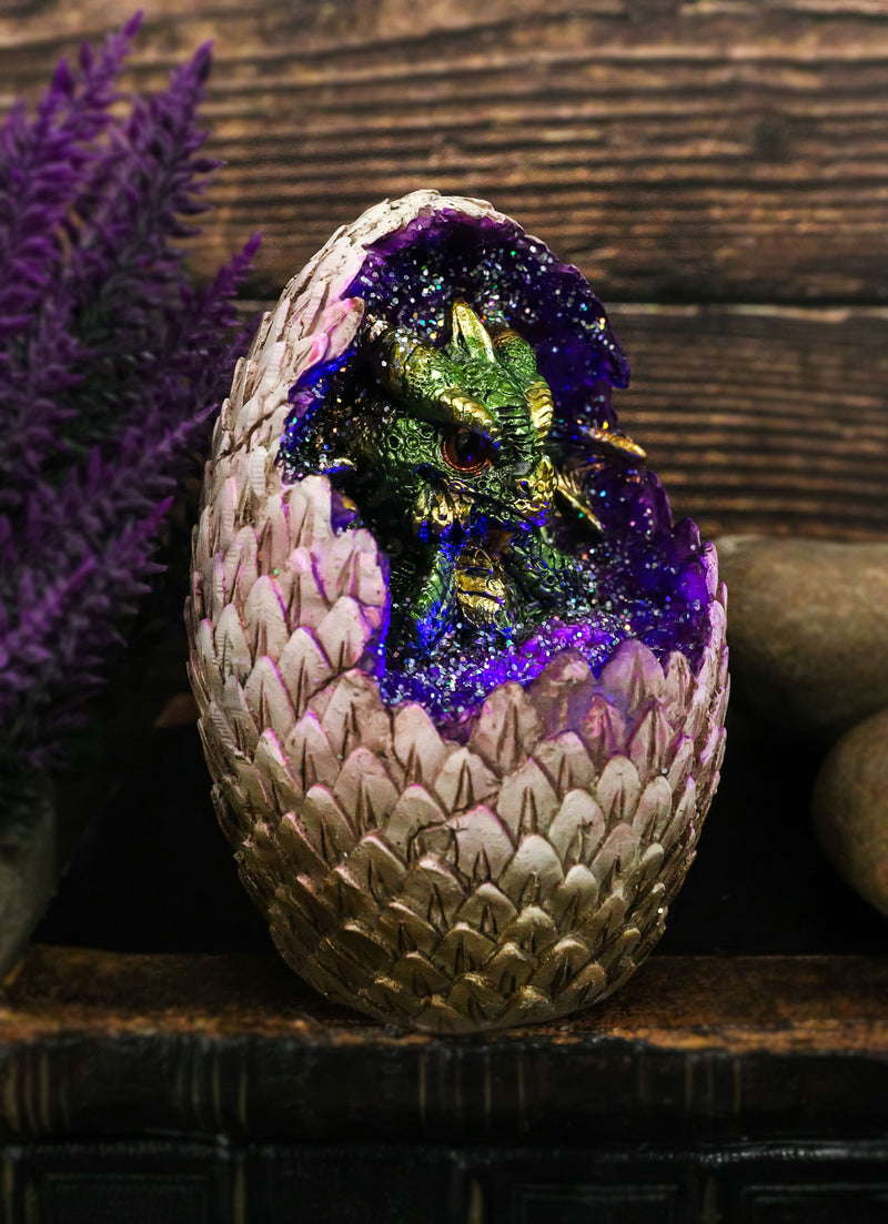Small Green Sulking Baby Dragon In Colorful LED Light Faux Crystal Geode Egg