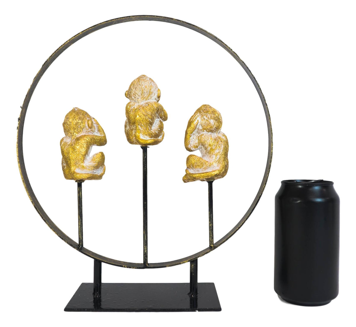 Golden See Hear Speak No Evil Monkeys In Peace Circle Ring Stand Decor Statue