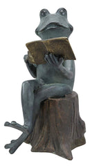 Ebros Gift 15" Tall Aluminum Metal Whimsical Bookworm Frog With Coffee Mug Cup Sitting On Tree Stump Garden Statue