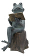 Ebros Gift 15" Tall Aluminum Metal Whimsical Bookworm Frog With Coffee Mug Cup Sitting On Tree Stump Garden Statue
