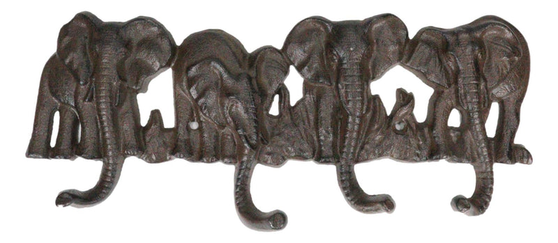 Cast Iron Rustic Safari Elephants With Long Trunks 4-Pegs Wall Hook Sculpture