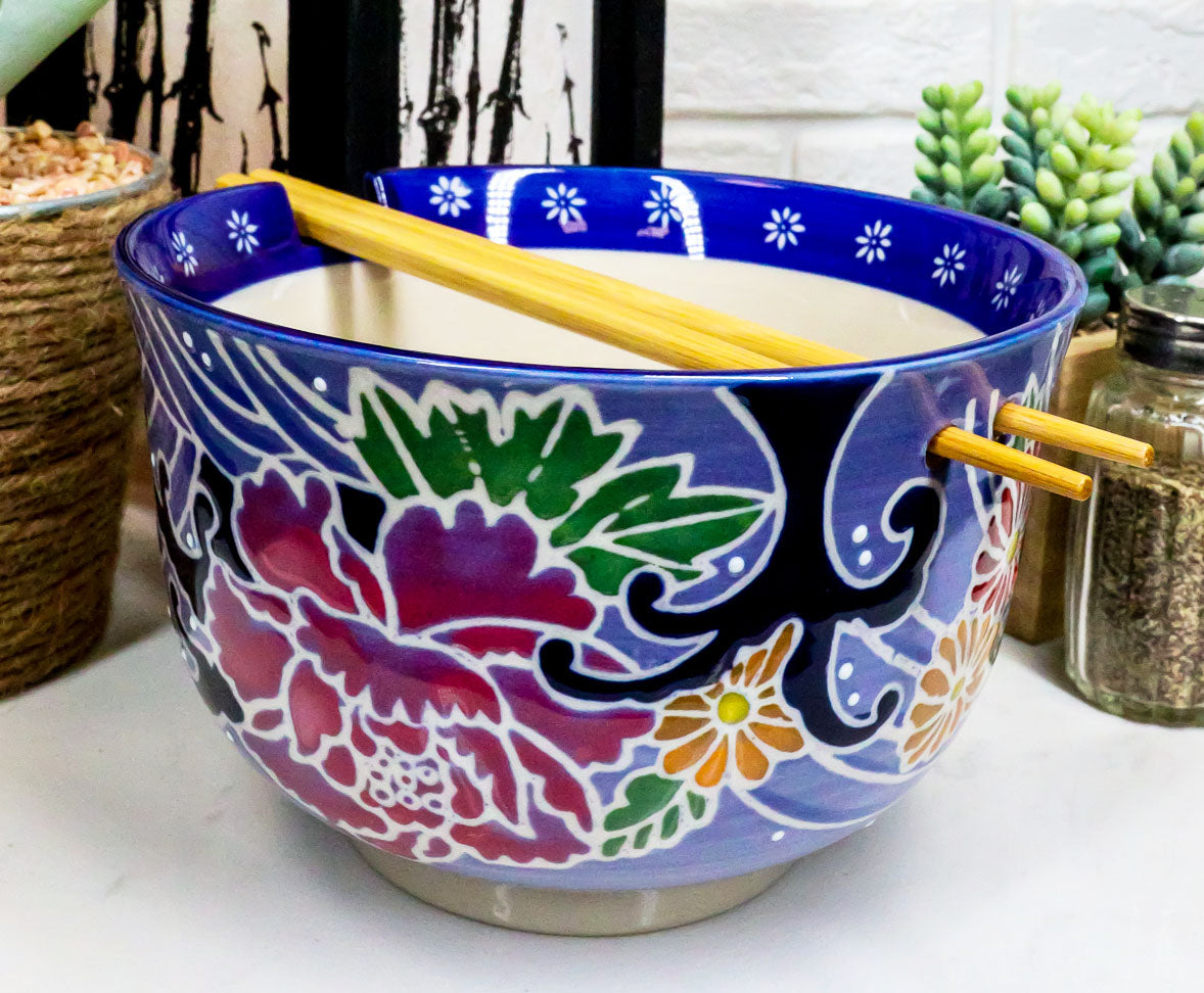 Ebros Blue Colorful Floral Breeze Ramen Udon Noodles Large 6.25" Diameter Soup Bowl With Built In Rest and Bamboo Chopsticks Set for Rice Pasta Salad