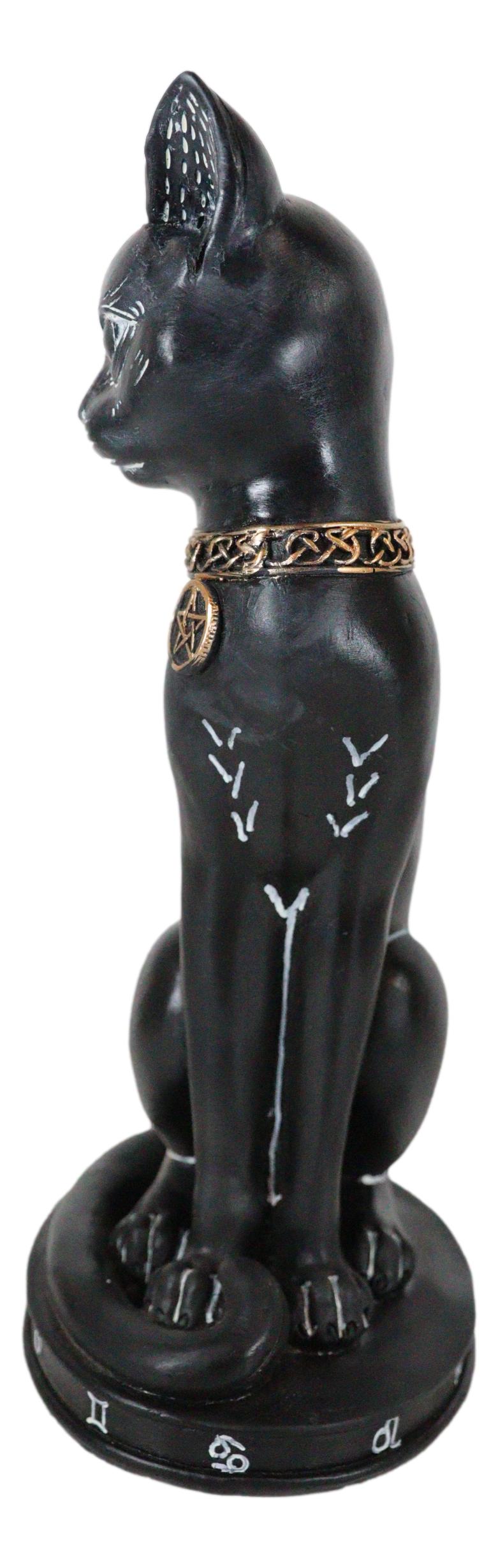 Wicca Halloween Black Cat with Pentagram Necklace and Alchemy Symbols Figurine