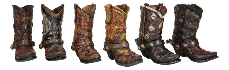 Pack Of 6 Rustic Western Cowboy Cowgirl Faux Leather Boots Pen Holder Figurines