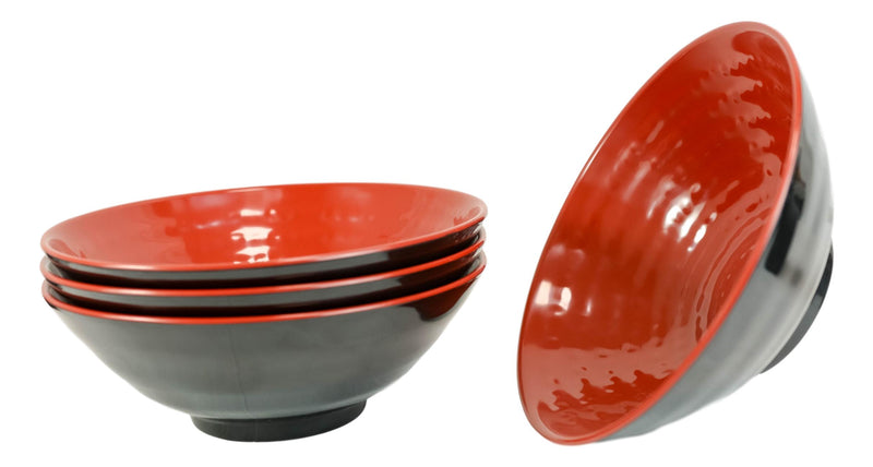Set Of 4 Swirl Ridged Red Black Melamine 43oz Large Pasta Salad Mixing Soup Bowl