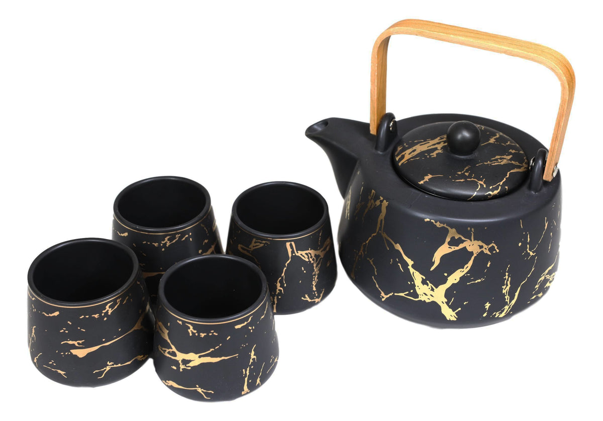 Black Faux Marble With Gold Veins Ceramic Tea Pot And Cups With Tray Set For 4 - Ebros Gift