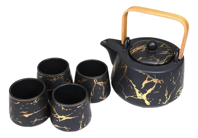 Black Faux Marble With Gold Veins Ceramic Tea Pot And Cups With Tray Set For 4
