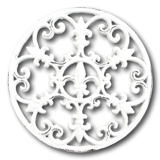 Rustic White Fleur De Lis Medallion In Snowflake Scroll Design Cast Iron Trivet