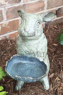 Whimsical Bunny Rabbit Holding Leaf Bird Feeder Garden Decor Aluminum Statue