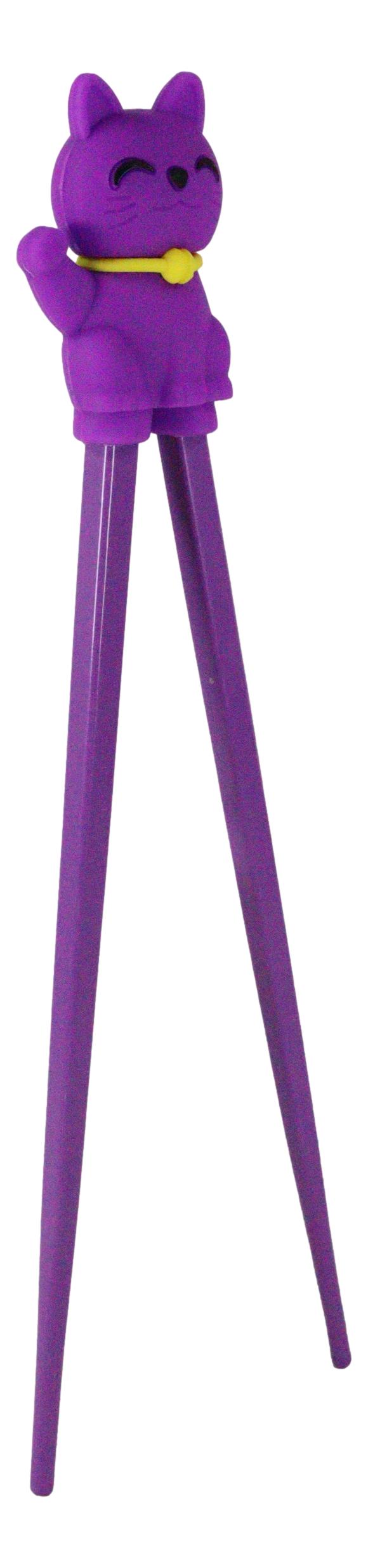 Purple Maneki Neko Lucky Cat Reusable Training Chopsticks Set W/ Silicone Helper - Ebros Gift