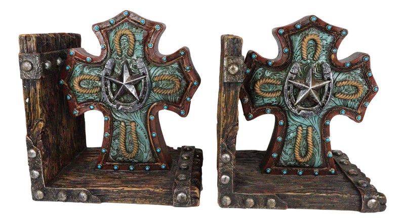Rustic Turquoise Western Star Horseshoes Cross Braided Ropes Decorative Bookends