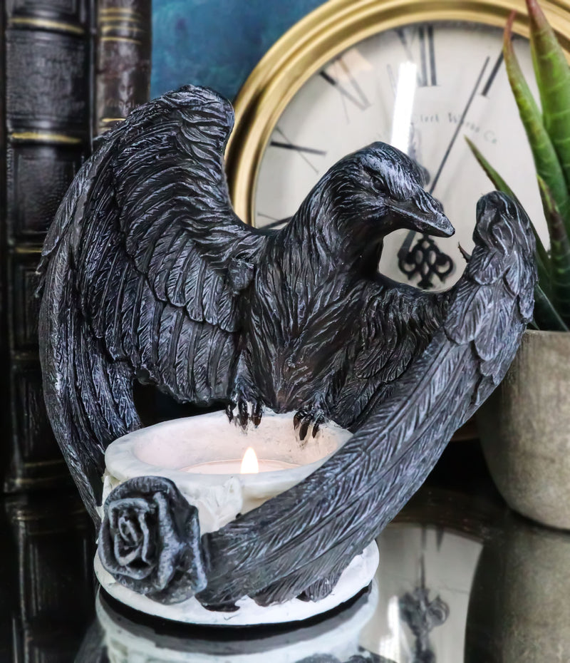 Gothic Edgar Poe Nevermore Raven Ward Black Rose Resin Tea Light Candle Holder