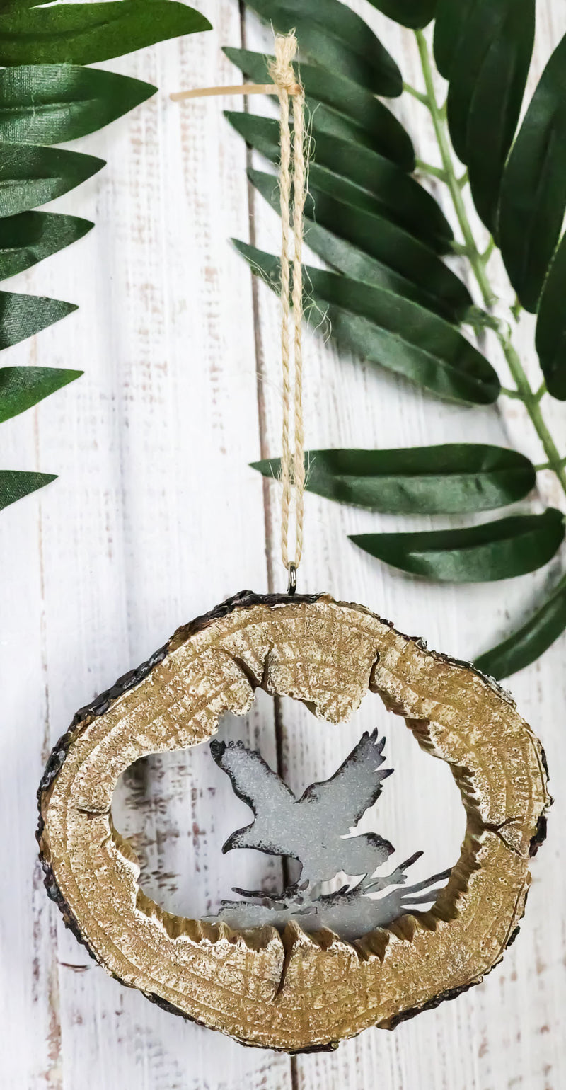 Rustic Western Bald Eagle Faux Wood Log Slice Set of 4 Christmas Tree Ornaments
