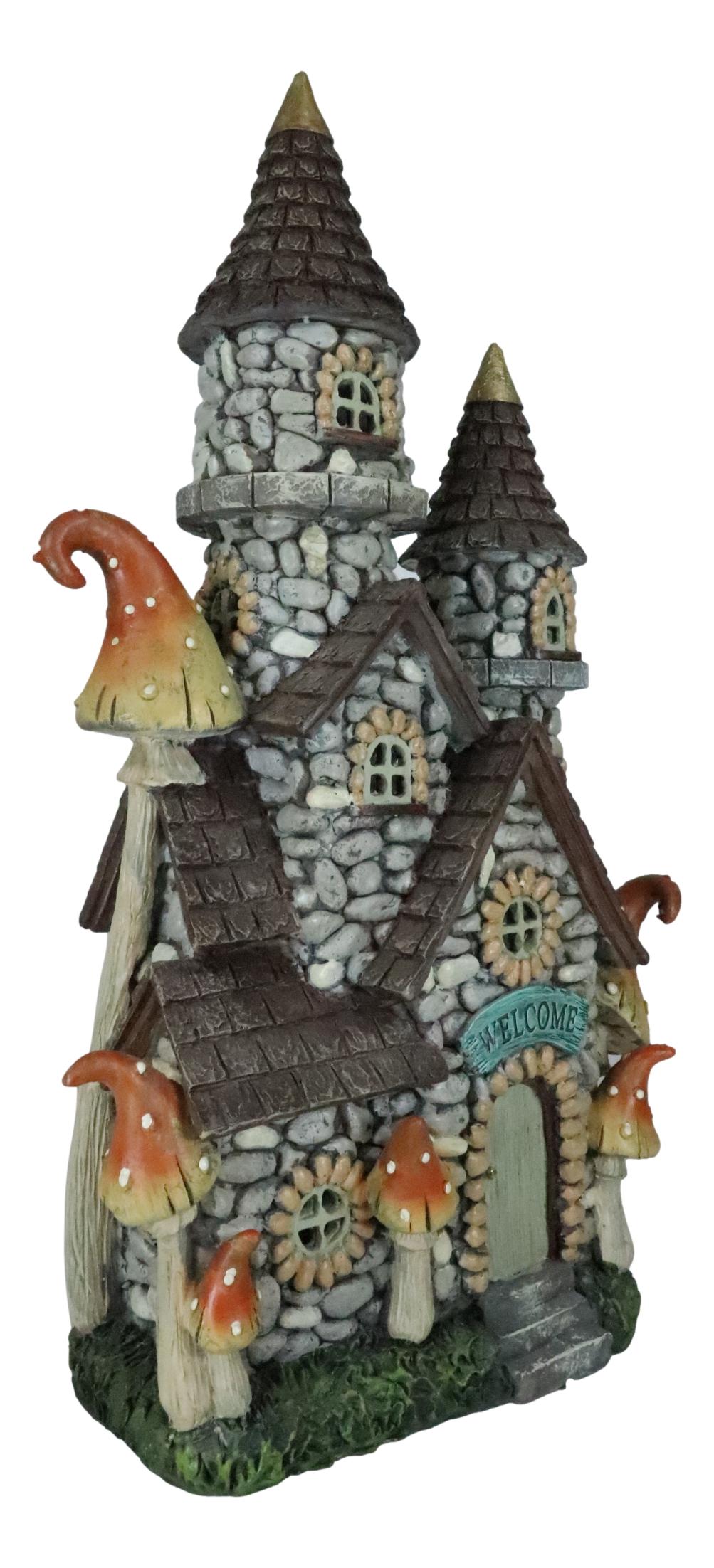 Fairy Garden LED Light Up Castle Stone House With Tall Tower Roofs Figurine - Ebros Gift