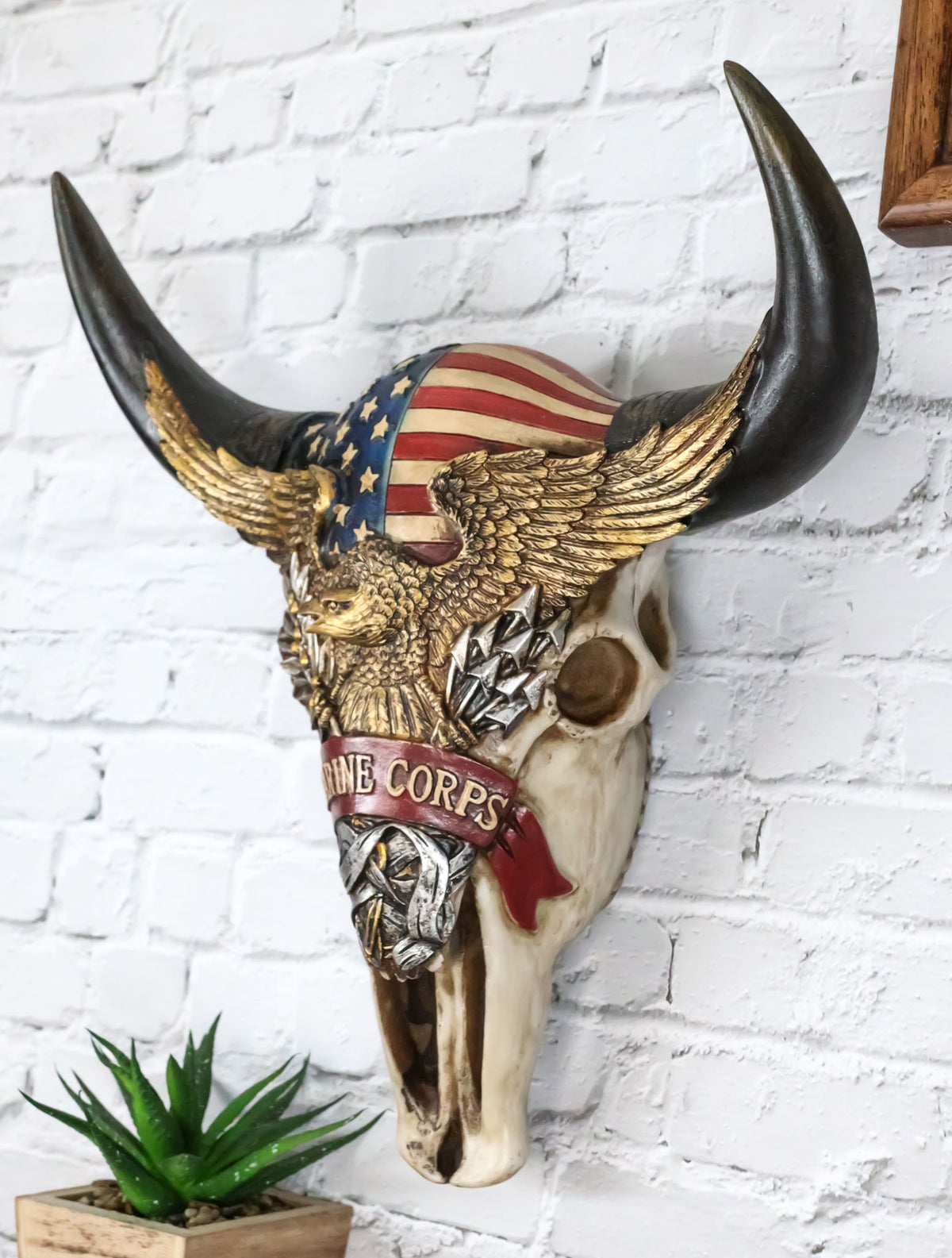 Western Patriotic Bull Cow Skull W/ American Flag Bald Eagle Marine Wall Decor - Ebros Gift
