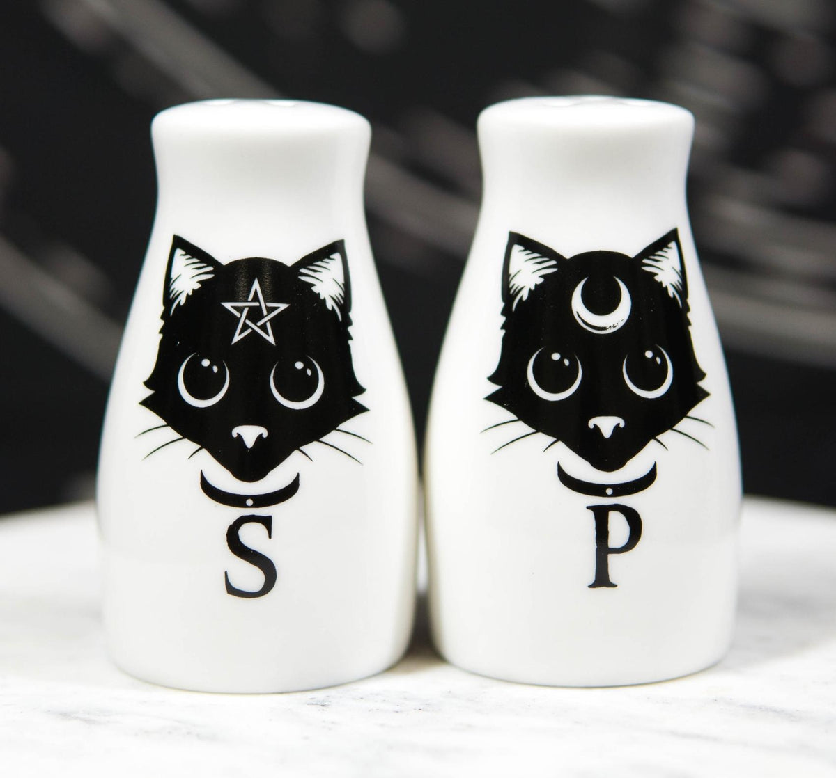 Wicca Magic Sacred Cats Pentacle Crescent Moon Ceramic Salt n Pepper Shakers Set - Ebros Gift