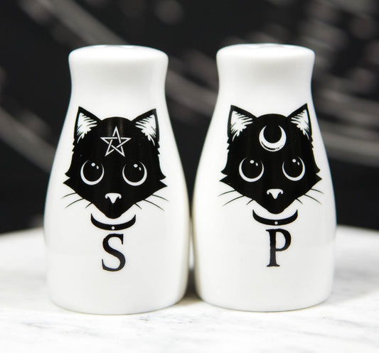 Wicca Magic Sacred Cats Pentacle Crescent Moon Ceramic Salt n Pepper Shakers Set - Ebros Gift