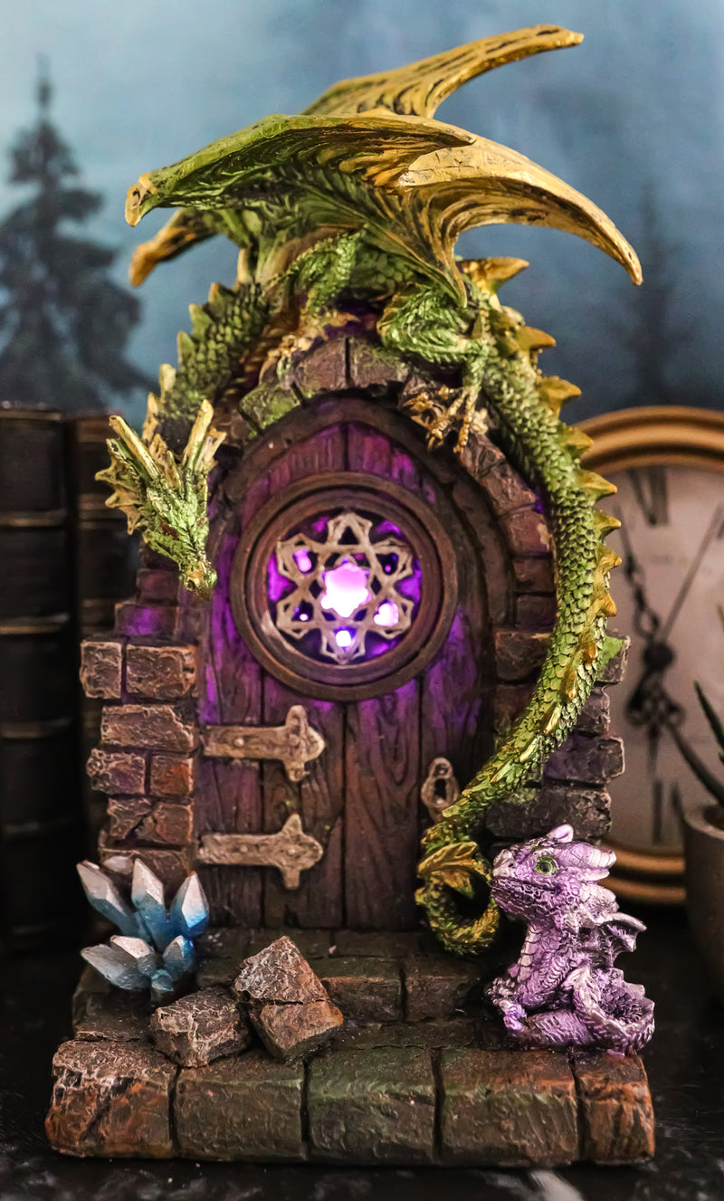 Fantasy Green Dragon With Wyrmling Perching On Door Arch LED Light Figurine