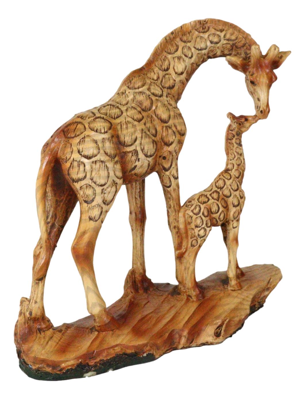Safari Giraffe Family Statue 6.75"H Faux Wood Resin Giraffe Mother And Calf - Ebros Gift