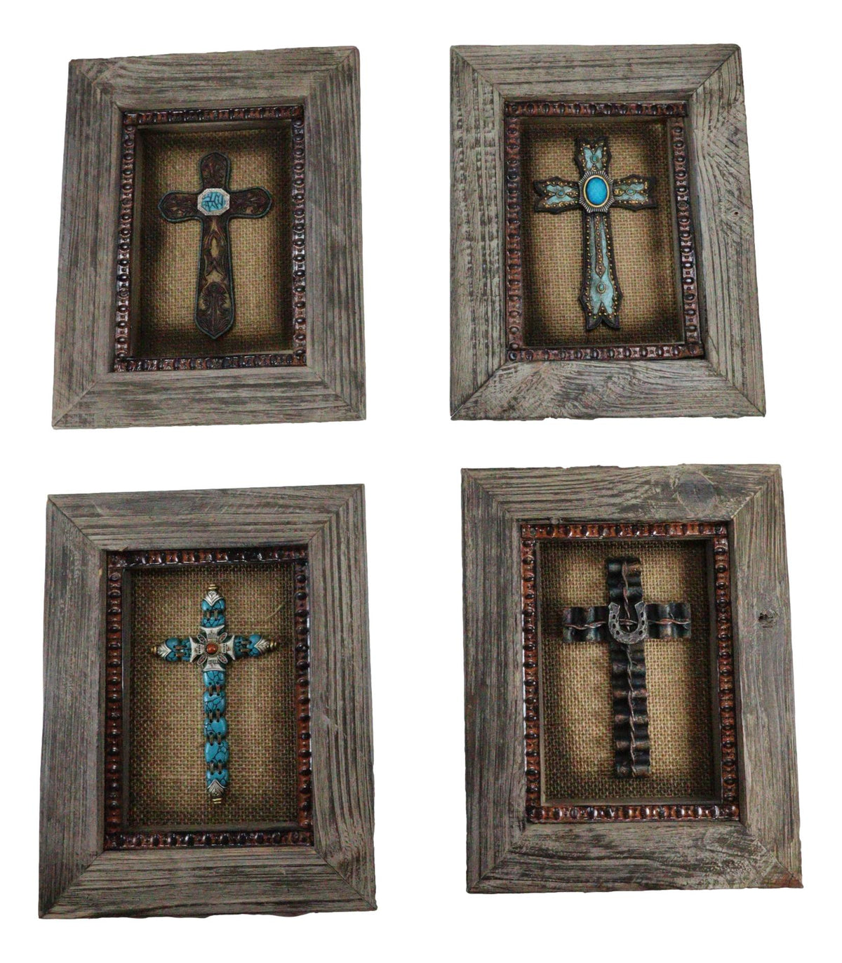 Pack of 4 Rustic Western Turquoise Gems Horseshoe Cross Wood Framed Wall Decors