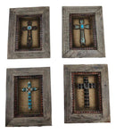 Pack of 4 Rustic Western Turquoise Gems Horseshoe Cross Wood Framed Wall Decors