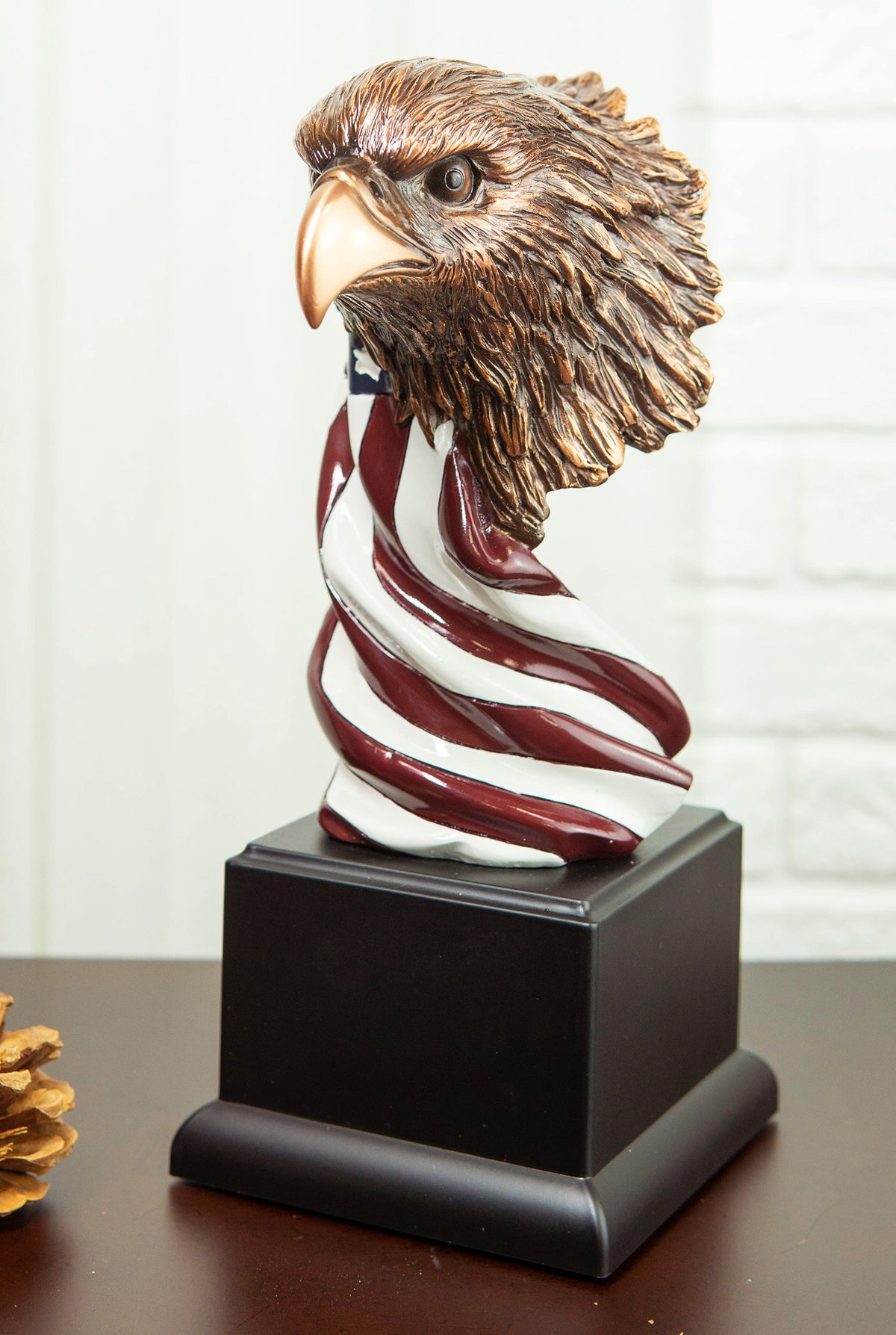 American Bald Eagle On USA Star Spangled Banner Flag Bust Electroplated Statue - Ebros Gift