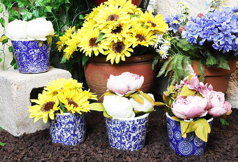 Ebros Gift Ming Dynasty Style Royal Blue and White Terracotta Ceramic Small Floral Design Pot Planters Set of 4 Planter Pots Lawn Outdoor Pool Patio Garden Accent Earthenware 4.75" High