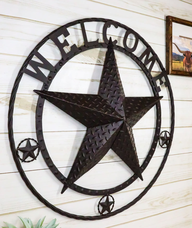 24"D Rustic Western Lone Star Welcome Metal Circle Wall Plaque Gate Sign