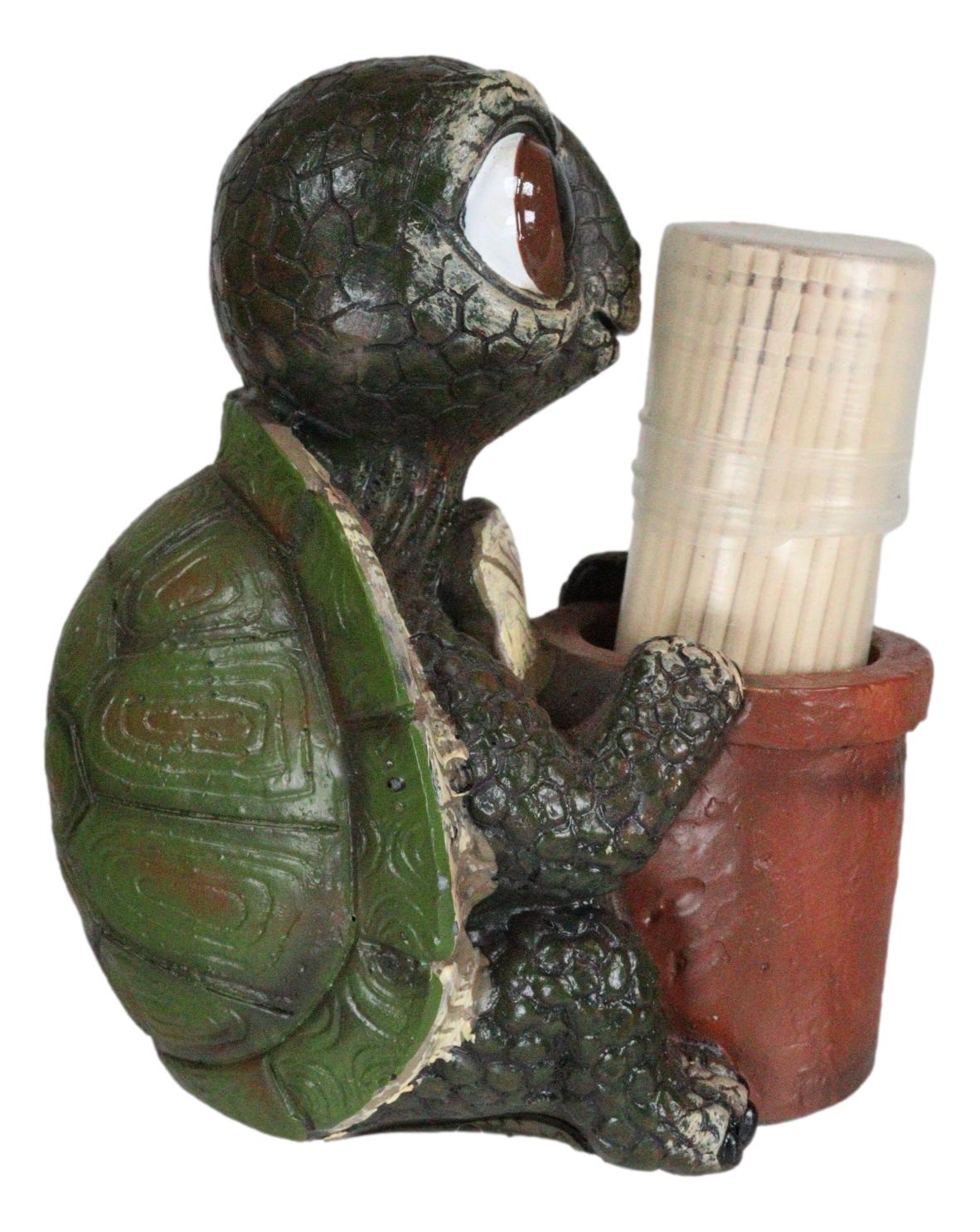 River Baby Tortoise Holding A Bucket Toothpick Holder Figurine With Toothpicks
