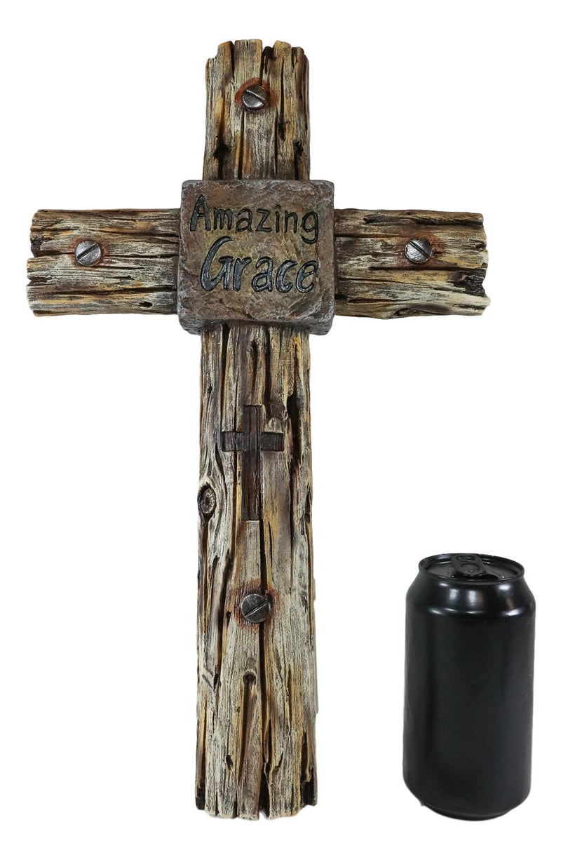 Ebros Rustic Western Amazing Grace With Nail Heads Faux Wood Wall Cross Decor Plaque