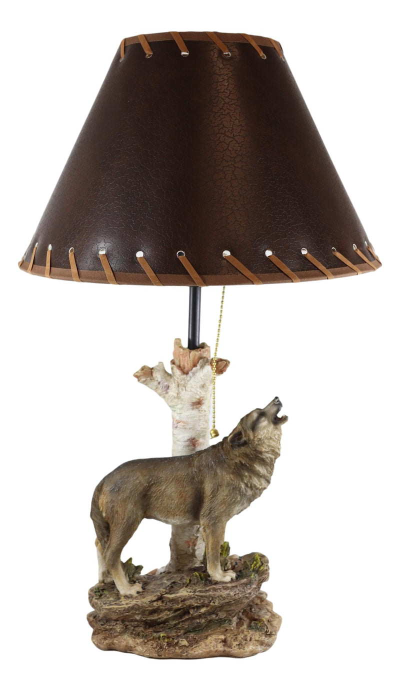 Rustic Wildlife Grey Wolf Howling By Birchwood Tree Table Lamp With Laced Shade