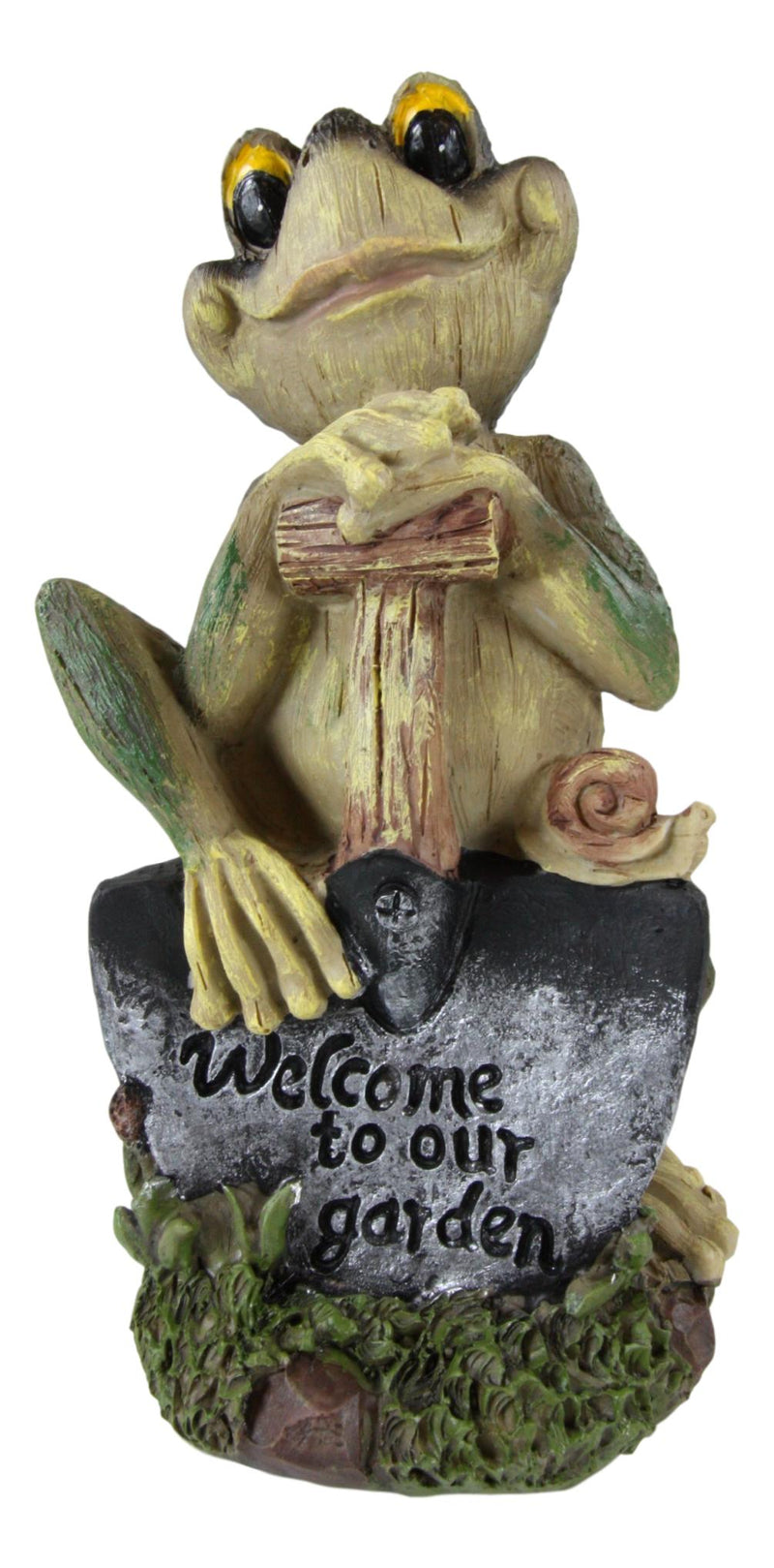 Ebros Whimsical Green Thumb Frog Toad Holding Welcome To Our Garden Shovel Figurine