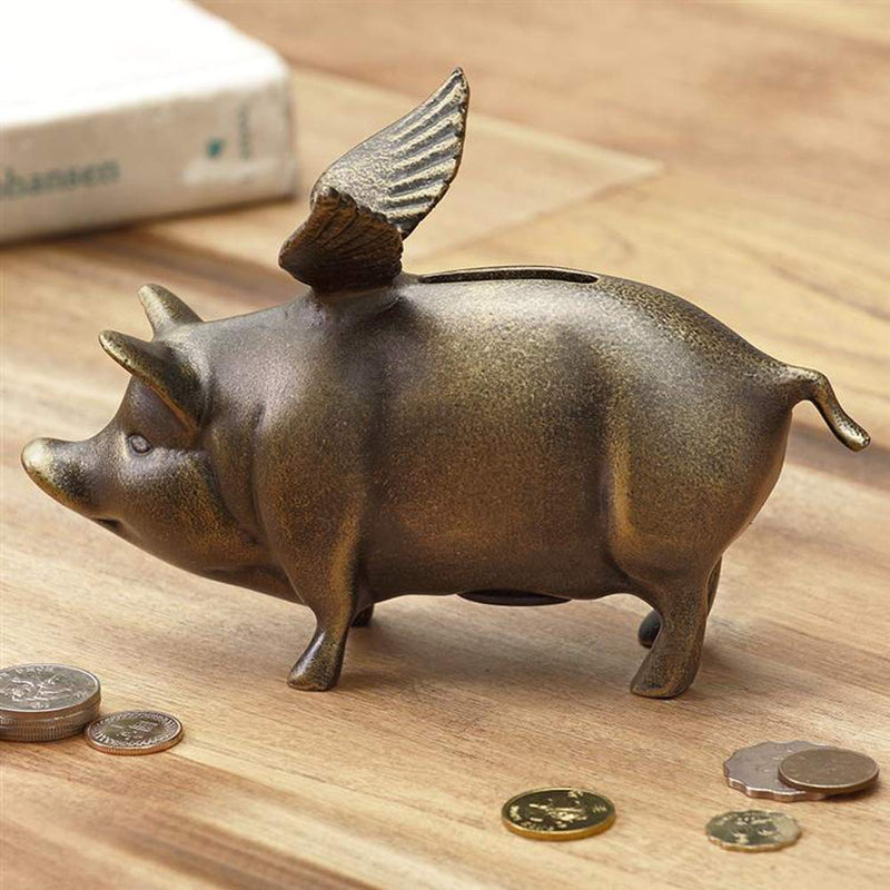 Ebros Gift 7.25" Long Rustic Decorative Whimsical Flying Pig Money Coin Piggy Bank Aluminum Sculpture Country Farm Swines Pigs Porky Bacon Themed Savings Banks Collectible Figurine