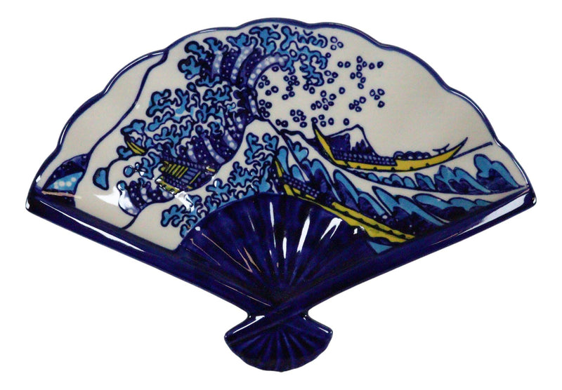 Set Of 4 Japan Hokusai The Great Wave Oriental Fan Shaped Appetizer Sushi Plates