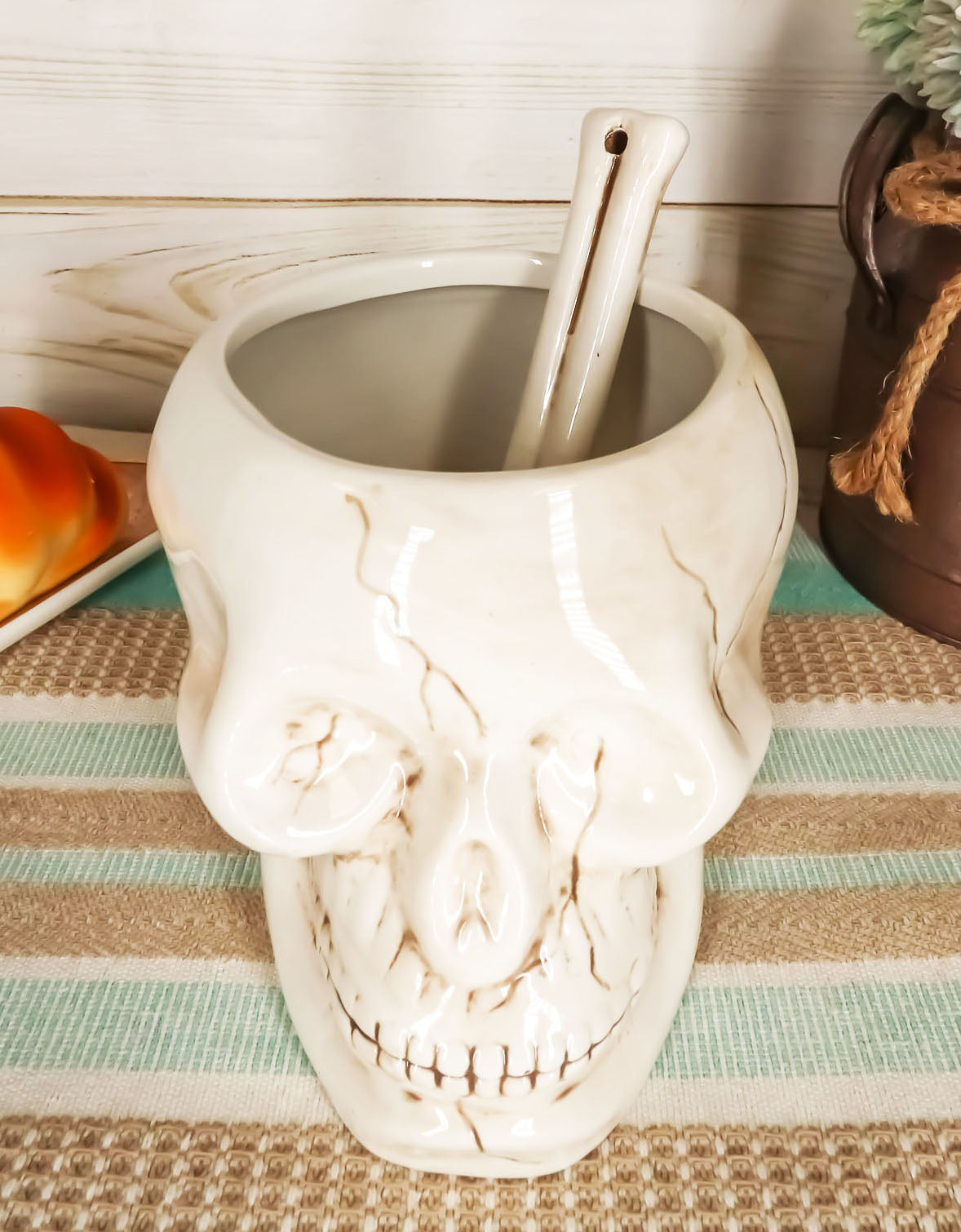 Ebros Ceramic Homosapien Human Skull Bowl With Skeletal Hand Spoon 6"Long 32oz - Ebros Gift