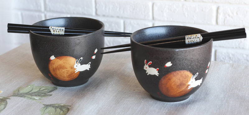 Ceramic White Moon Rabbit Hare Ramen Noodles Soup Bowls With Chopsticks Set Of 2