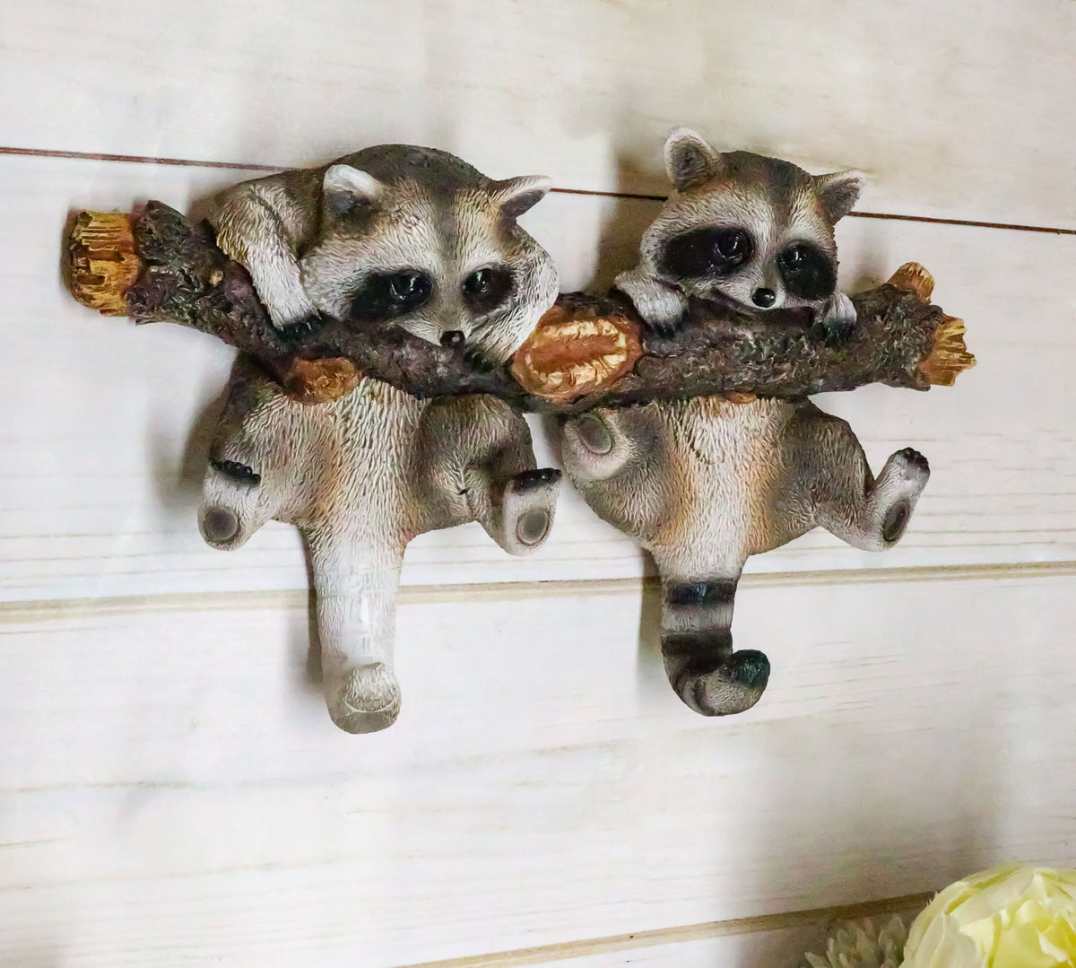 Forest Rustic 2 Playful Raccoons Dangling On Tree Branch 6 Pegs Wall Hook Decor - Ebros Gift