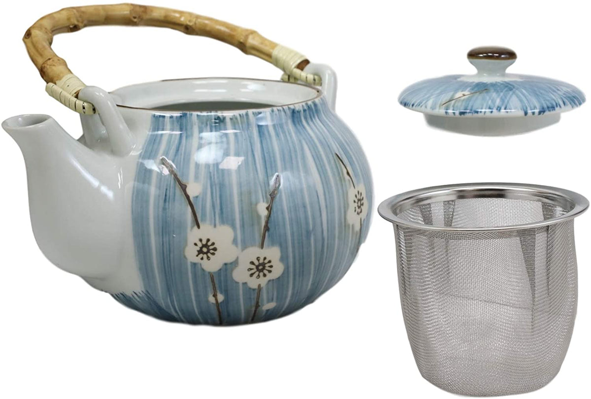 Ebros Japanese Sakura White Cherry Blossom Tea Set Ceramic Pot and Cups Set of 5 - Ebros Gift